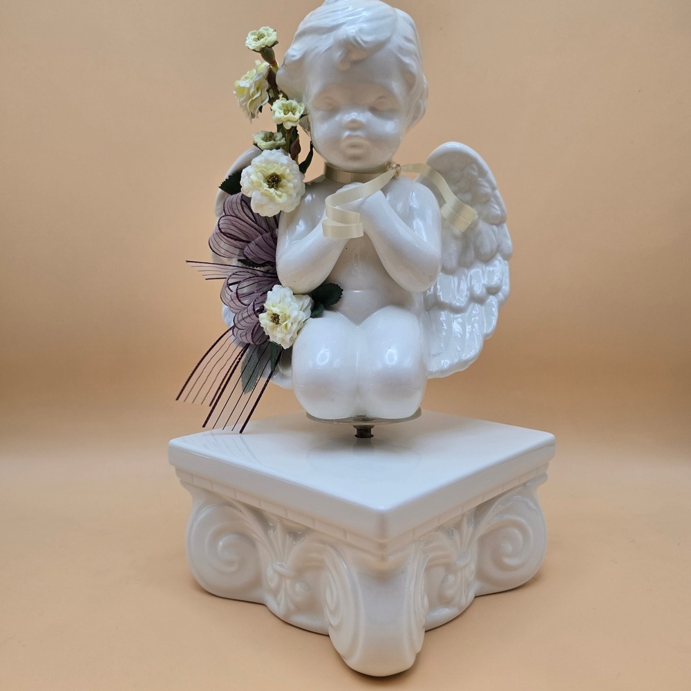 Vintage White Ceramic Rotating Cherub Angel Figurine on Pedestal with Flowers - Picture 6 of 16